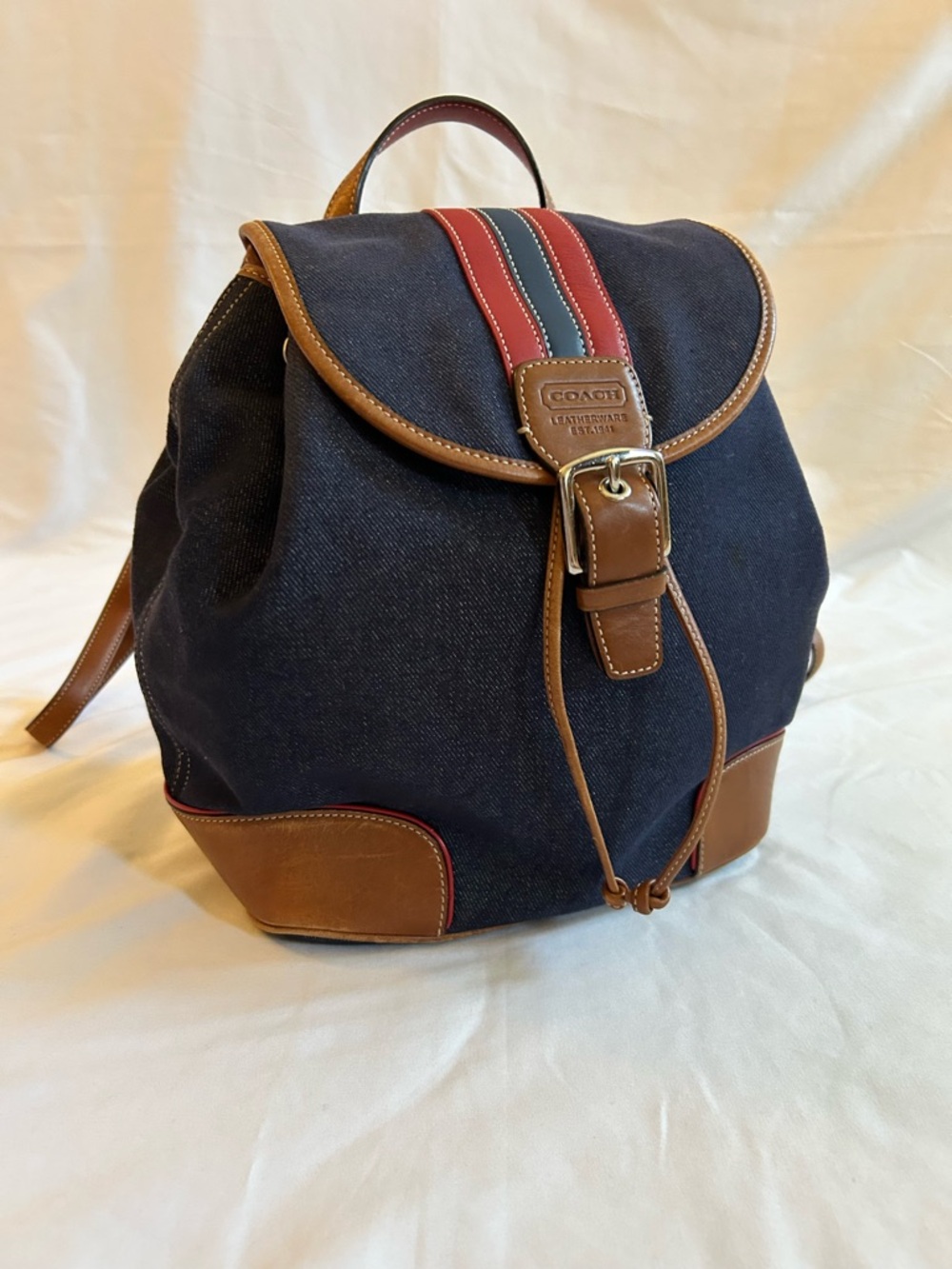 Coach Navy Canvas Backpack with Brown Leather Trim and Red/Green Stripe